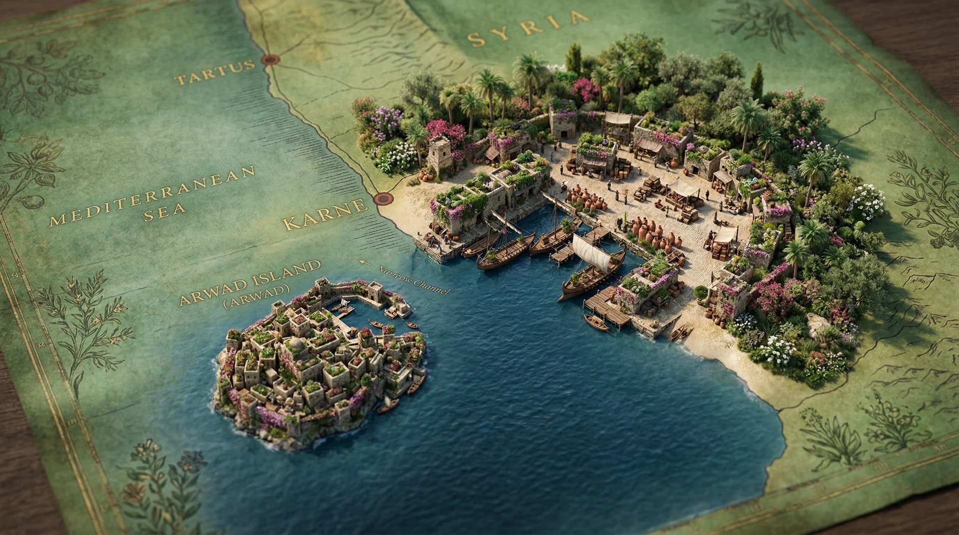 Carne Philosophy Illustrated map of the ancient harbor of Carne near Arwad on the Mediterranean coast